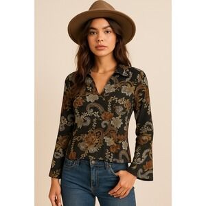 Biaggi Y2K Floral Paisley Boho Retro Stretch Top Lightweight‎ Large Flare Sleeve